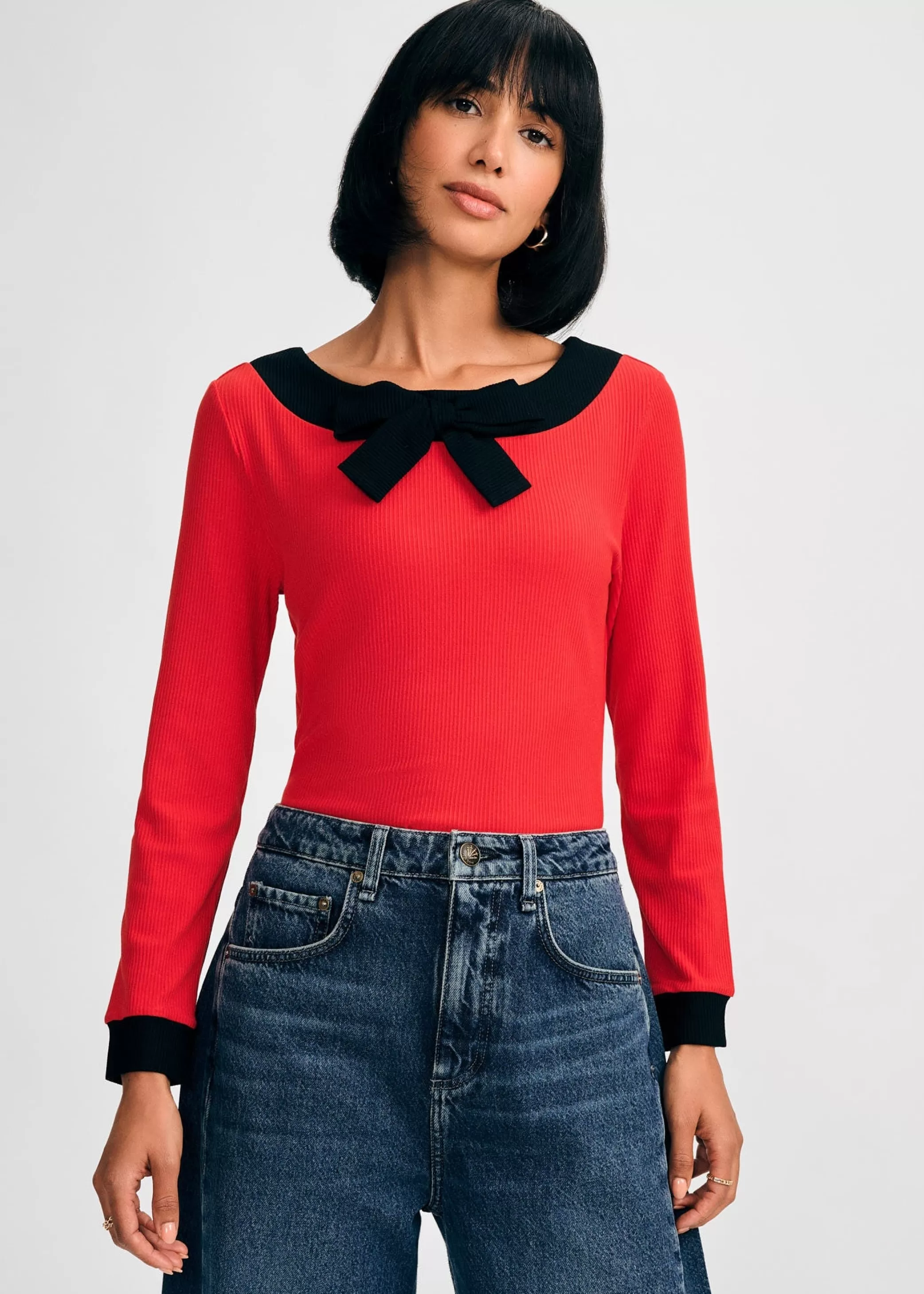 Long-Sleeved Knit Bow Top>Isaac Mizrahi Outlet