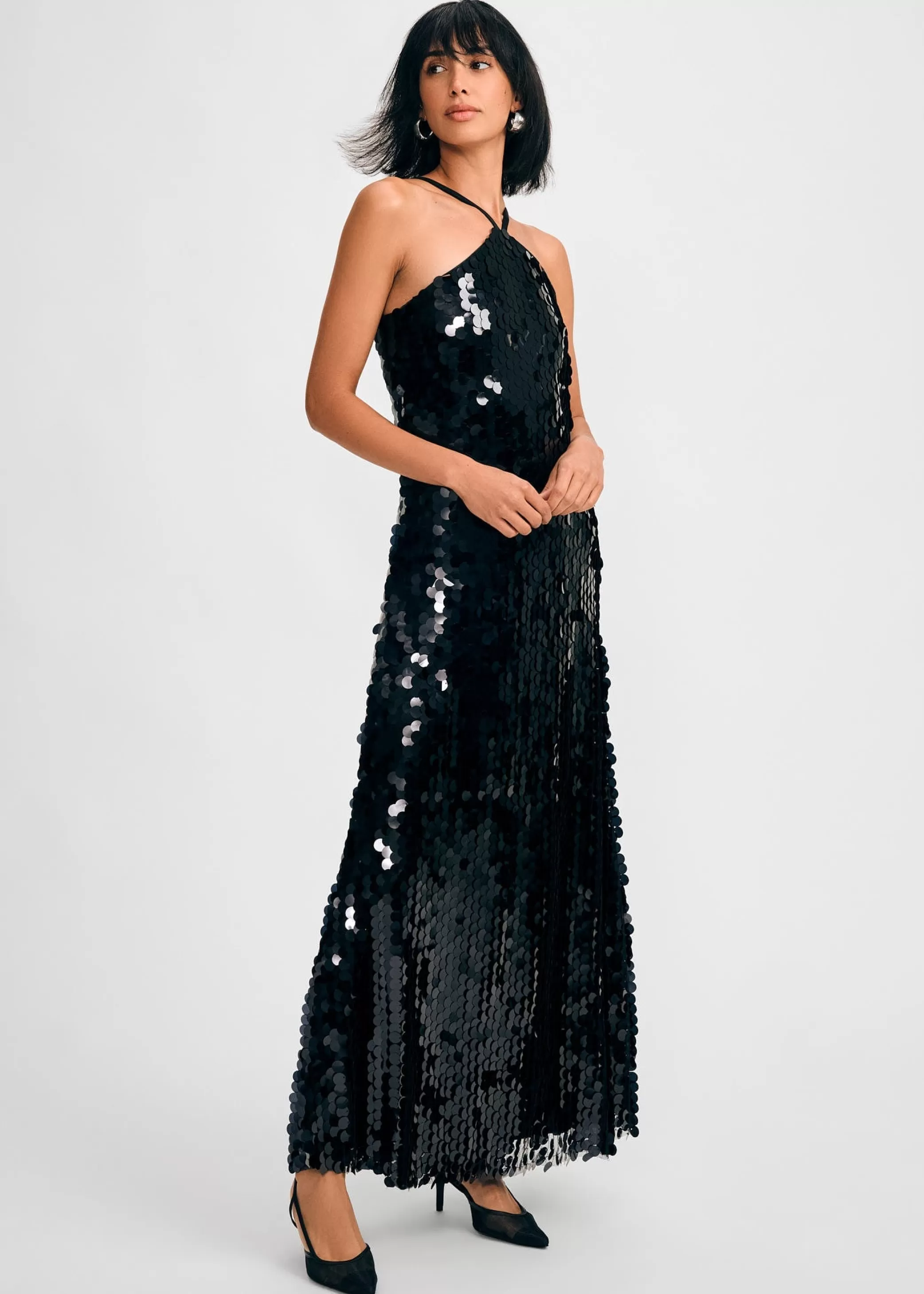 Paillette Halter Maxi Dress>Isaac Mizrahi Outlet